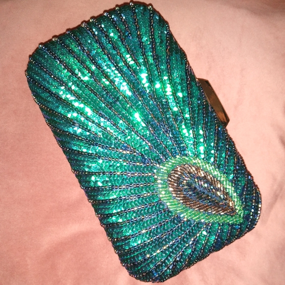 Peacock Blue Feather Retro 20s 30s Style Sequin Box Clutch Purse Crossbody Chain - Picture 3 of 16